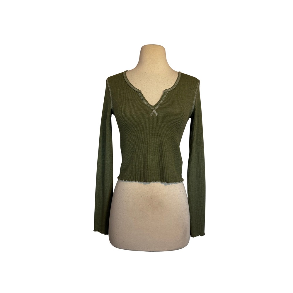 American Eagle Olive Green Waffle Knit Notch Neck Cropped Thermal Top SZ XS